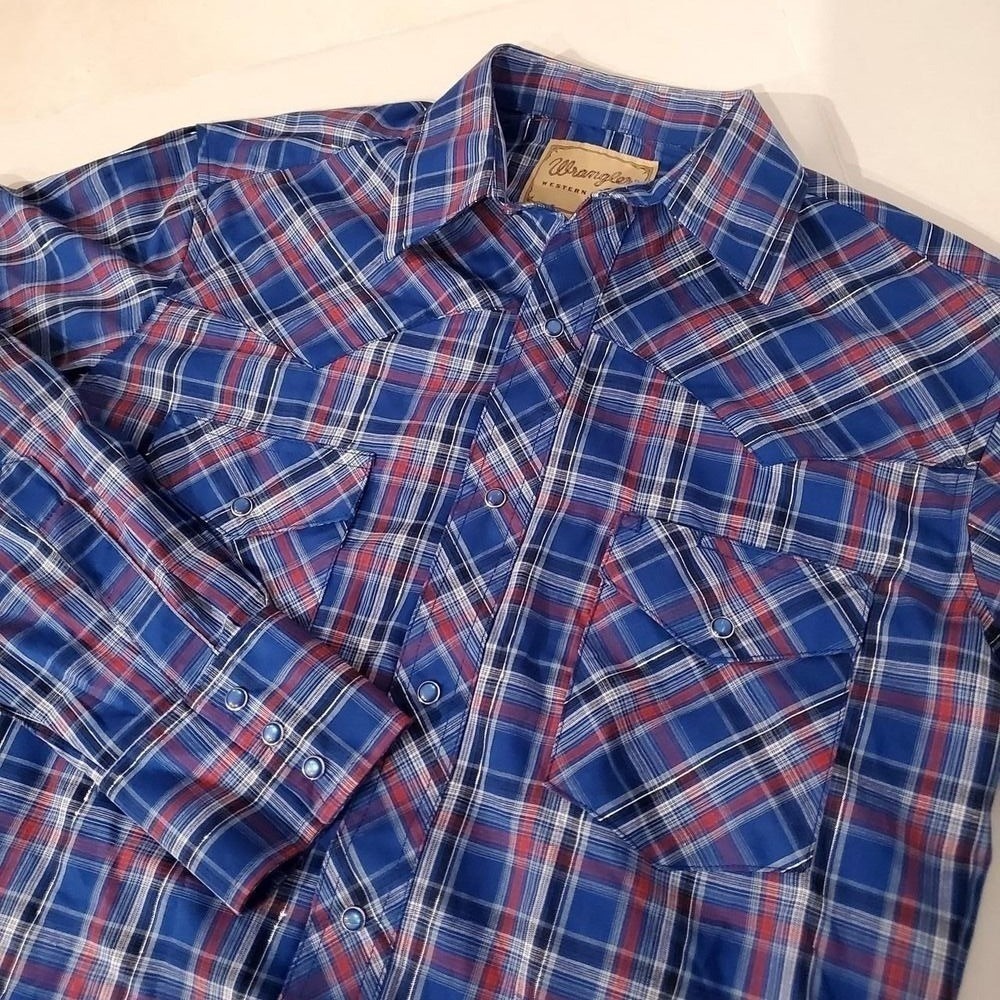 Wrangler Western Shirt Blue Plaid Pearl Snap Men's Size Medium